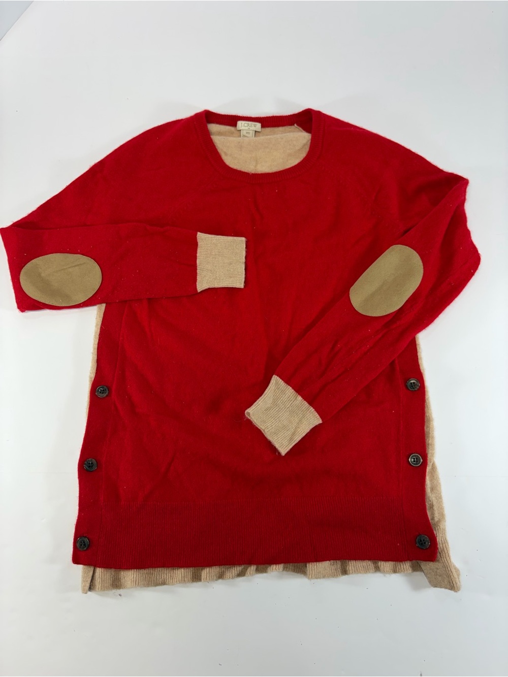 J.Crew Colorblock Sweater Women XS Red Tan Elbow Patches Button Side